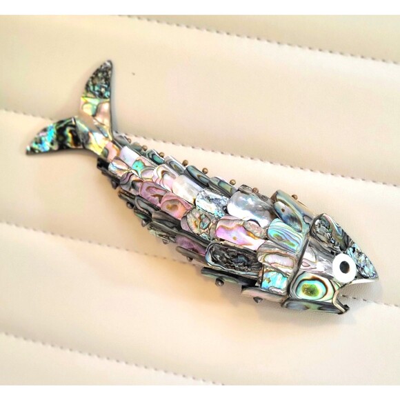 Vintage Brass Abalone Articulated Trout Bottle Opener Fish Barware Breweriana - Picture 2 of 9